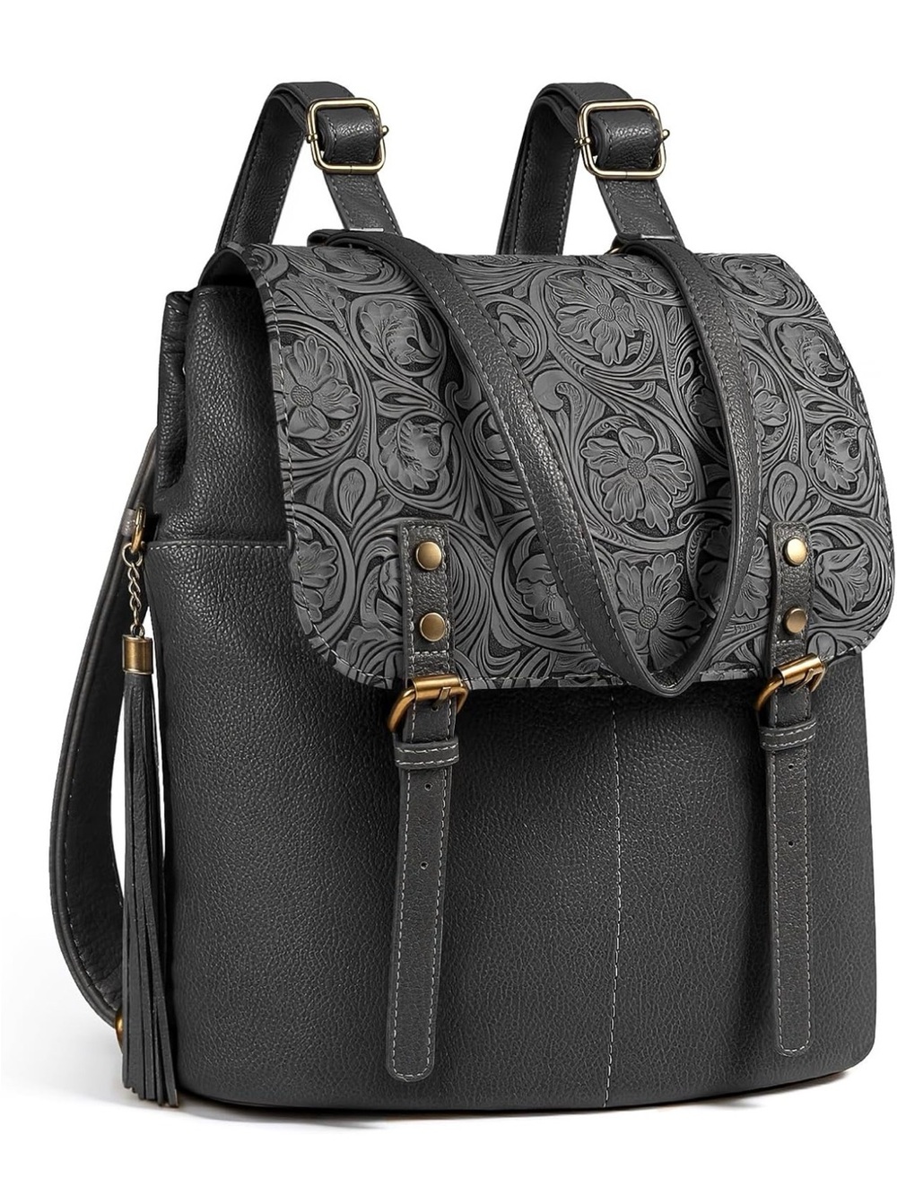 Black Embossed Leather Backpack Purse for Women